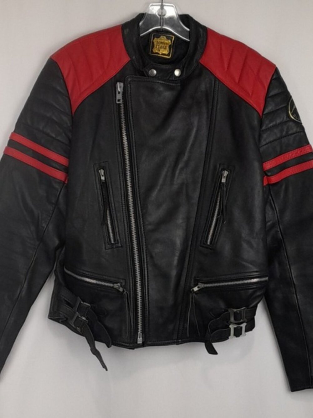 Vintage 80s Echtes Leder German Blue Bird Black Red Heavy Leather Moto Jacket